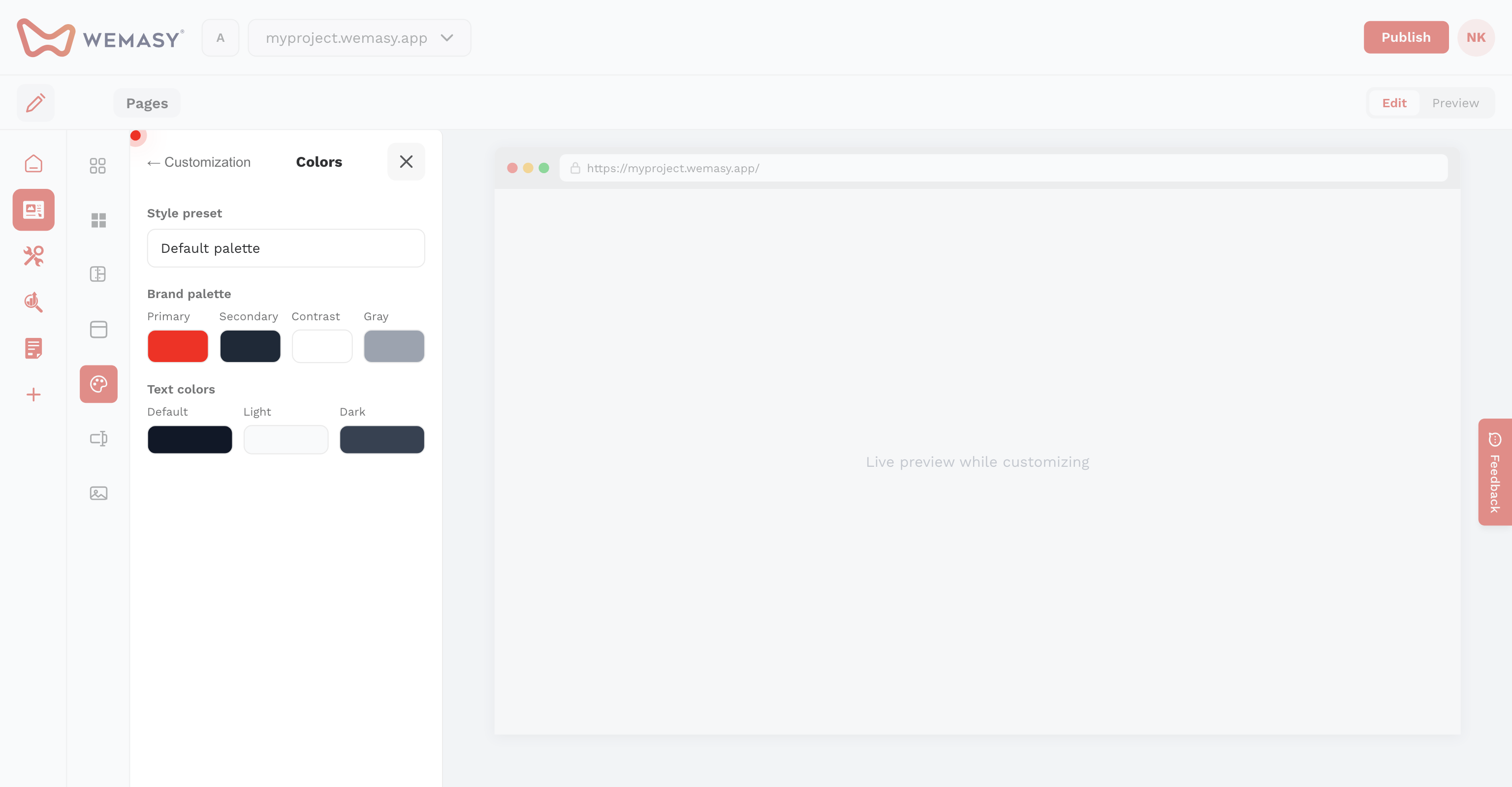 Criador de websites: abrir Cores