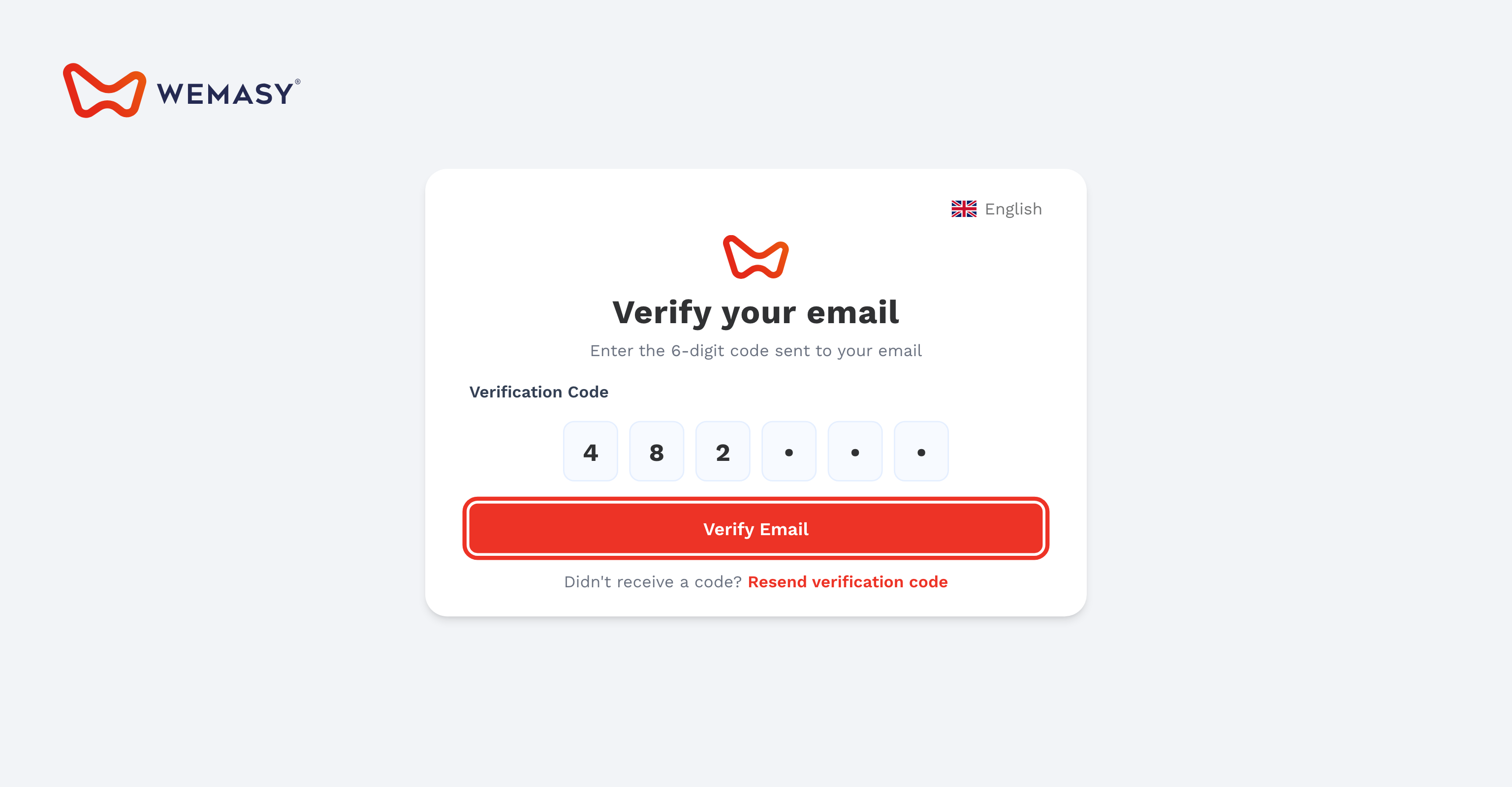 O ecrã de verificação de email da WEMASY