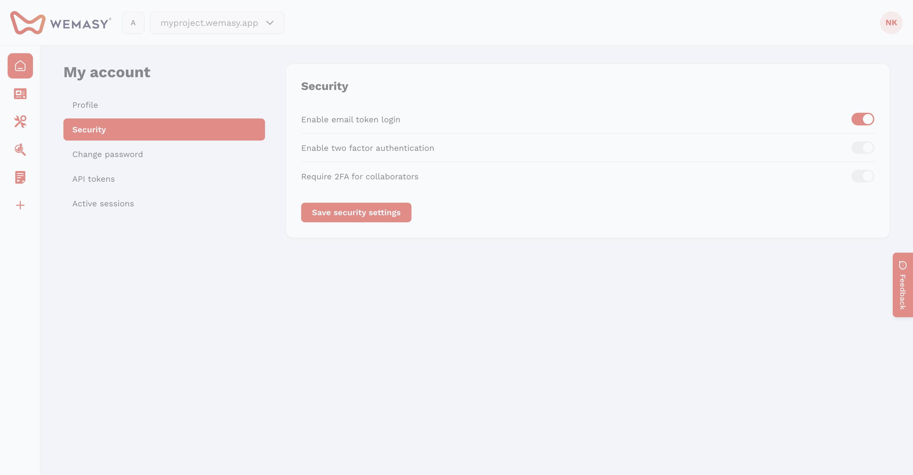 O ecrã de tokens de API da WEMASY na segurança da conta