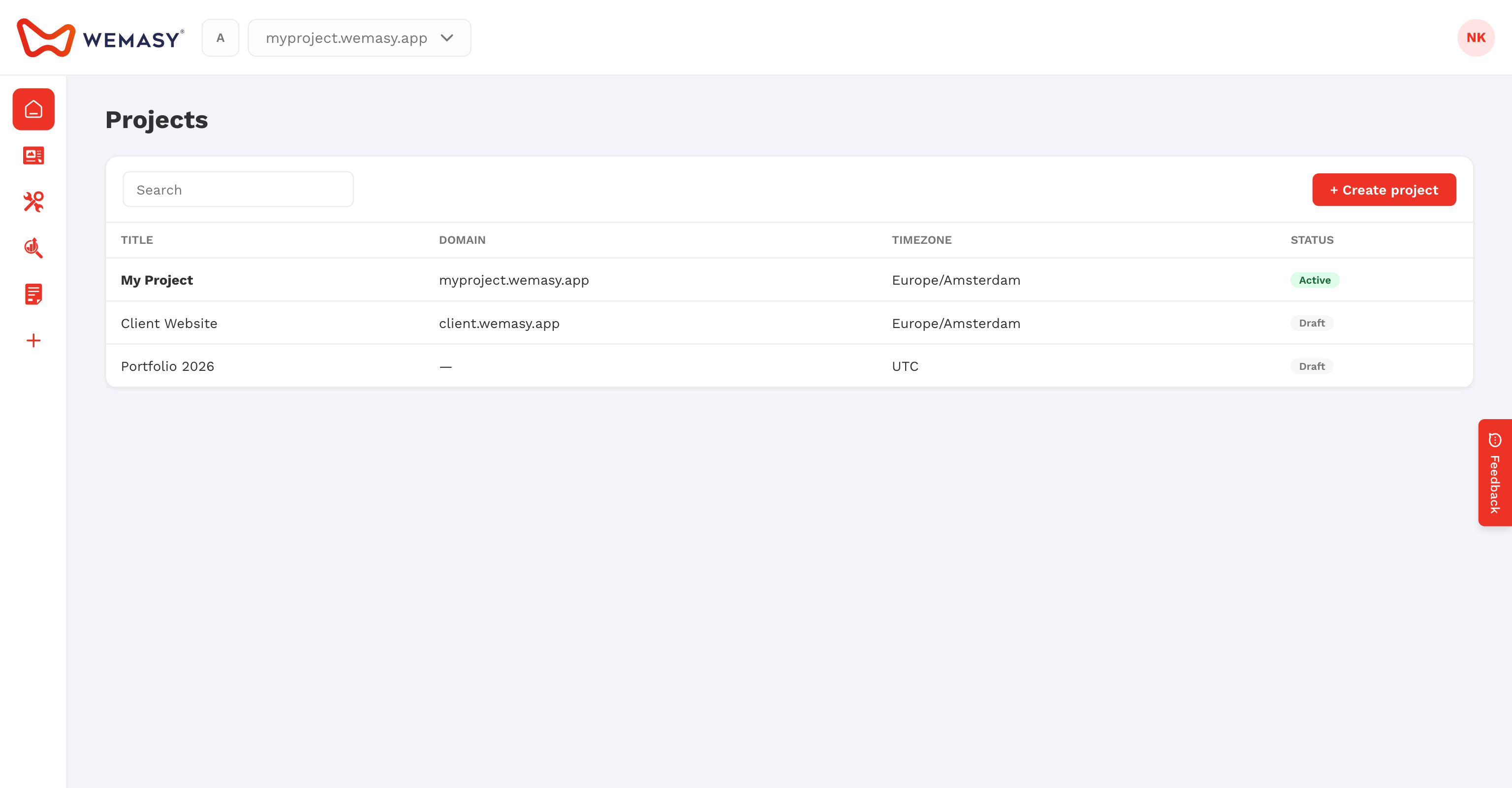 O ecrã de visão geral dos projetos da WEMASY