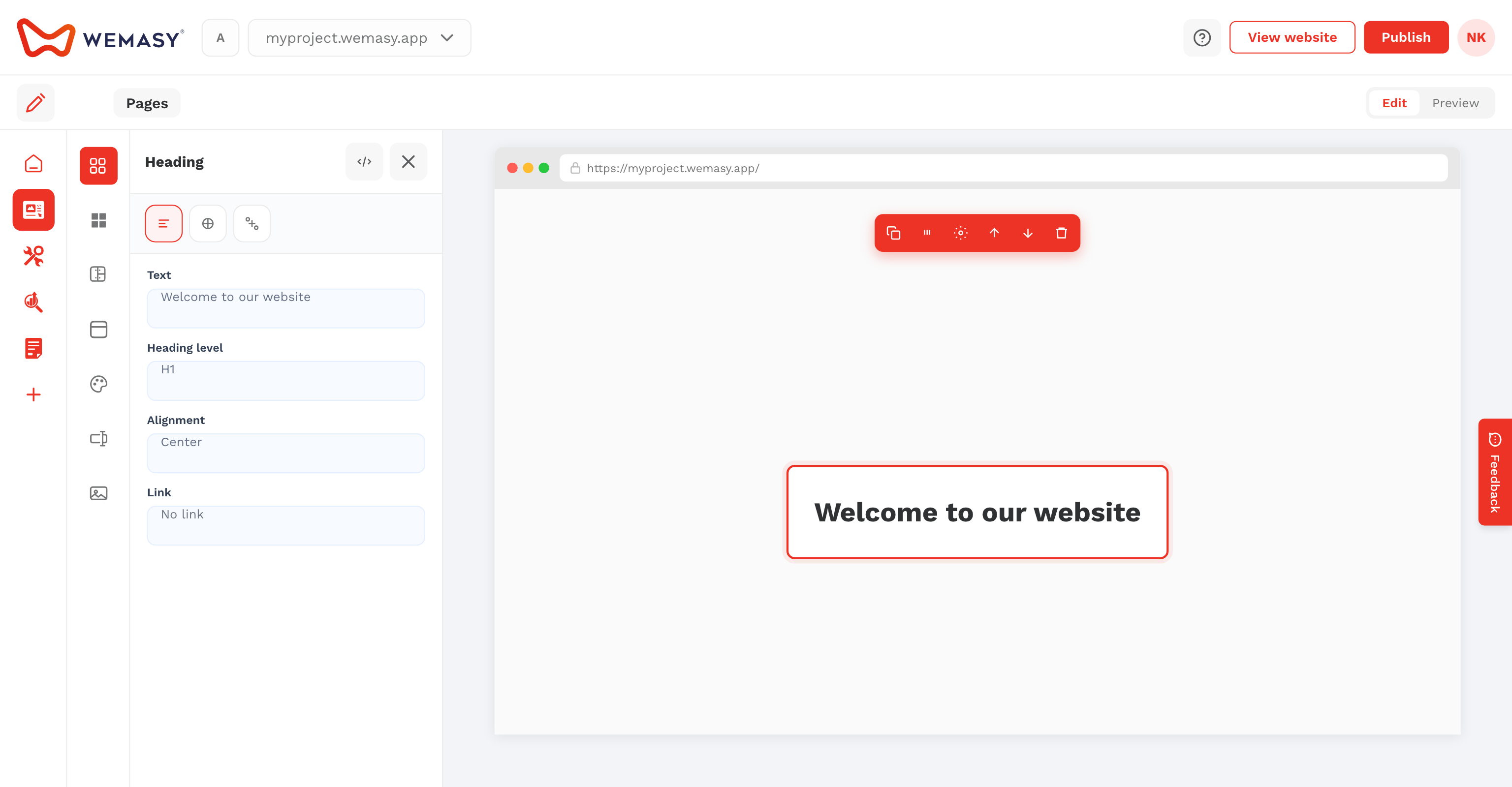 Criador de websites: itens das estruturas