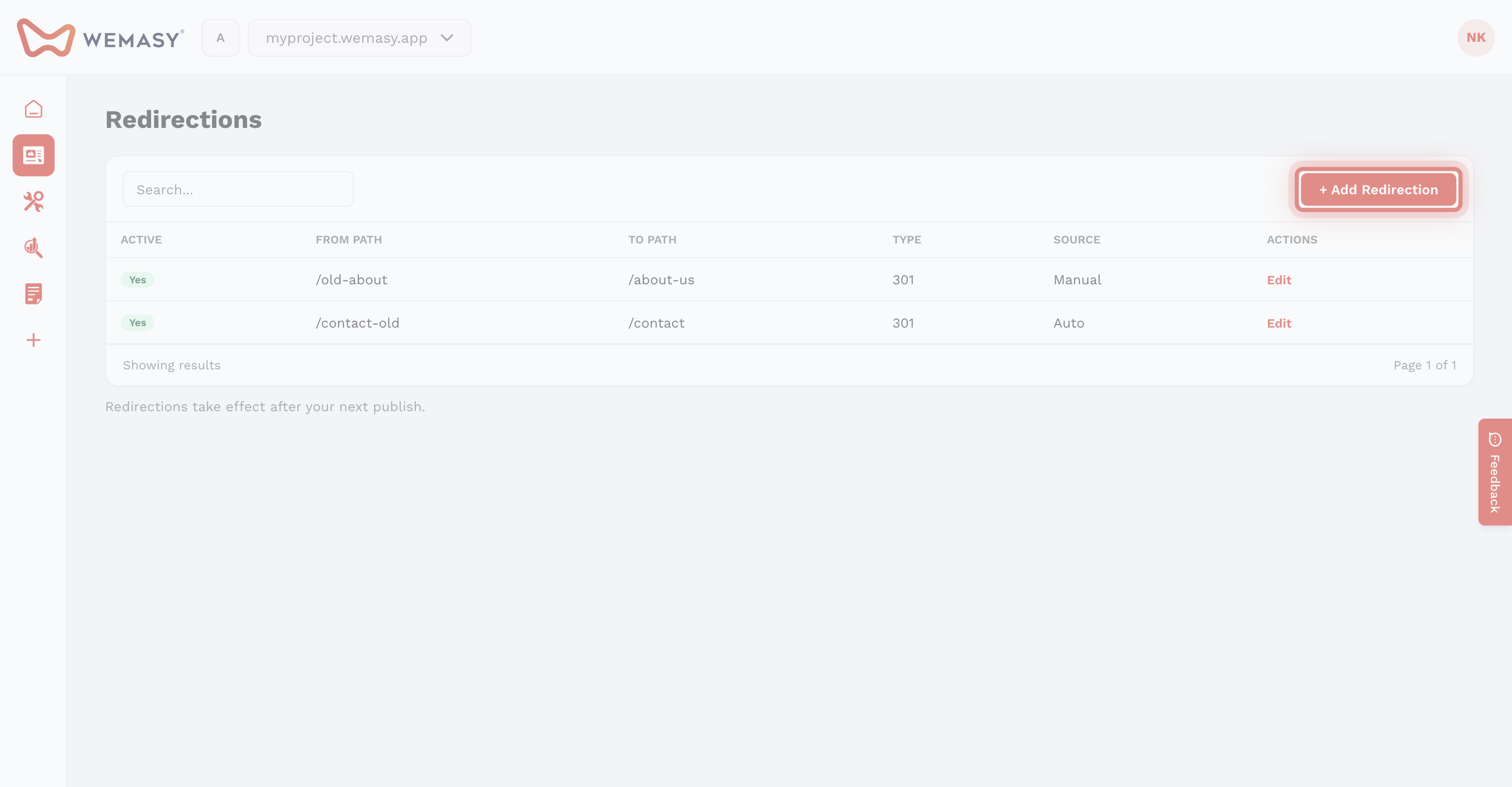 Criador de websites: redirecionamentos
