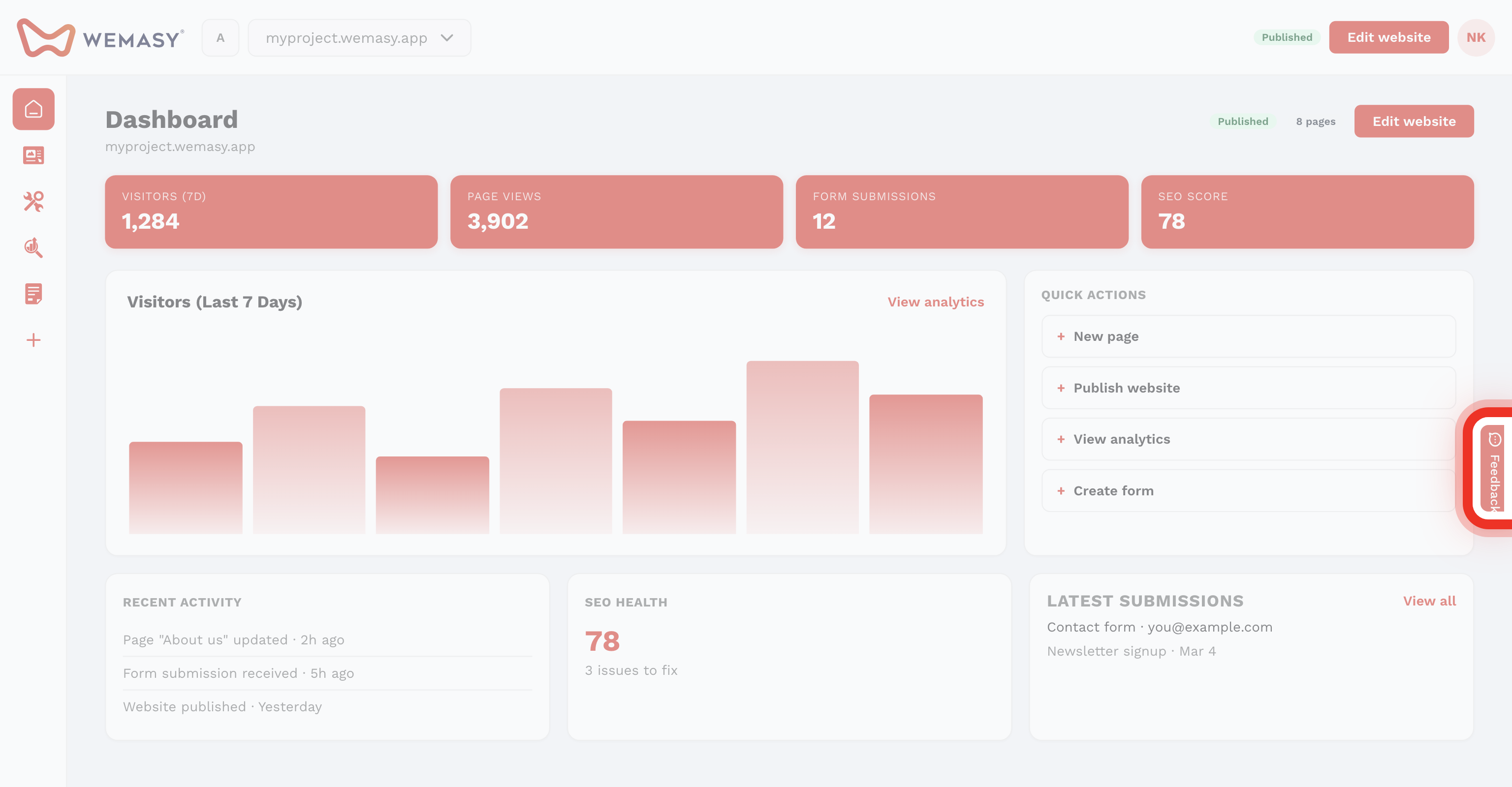 O widget de feedback da WEMASY no canto inferior direito