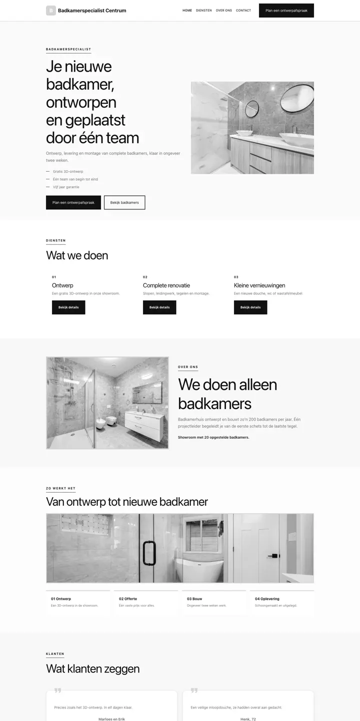 Exemplo de um website para especialista em casas de banho