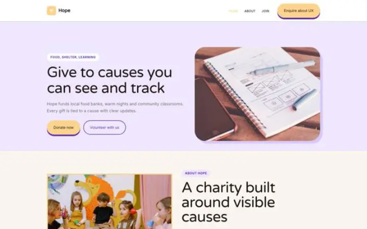 Exemplo do tema Hope para instituição de solidariedade