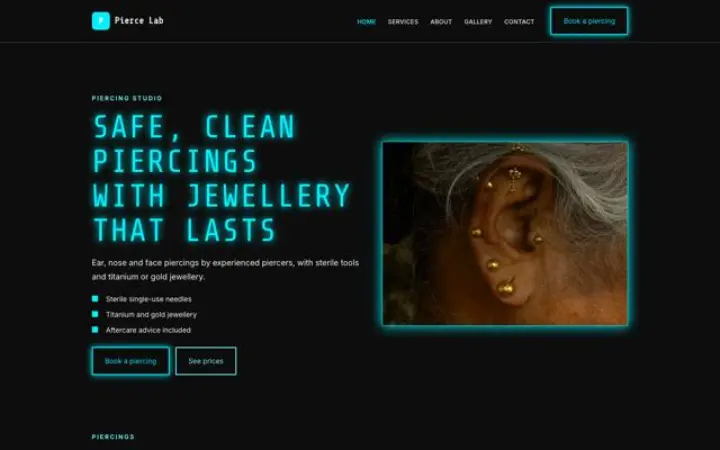 Exemplo do tema Pierce Lab para estúdio de piercing