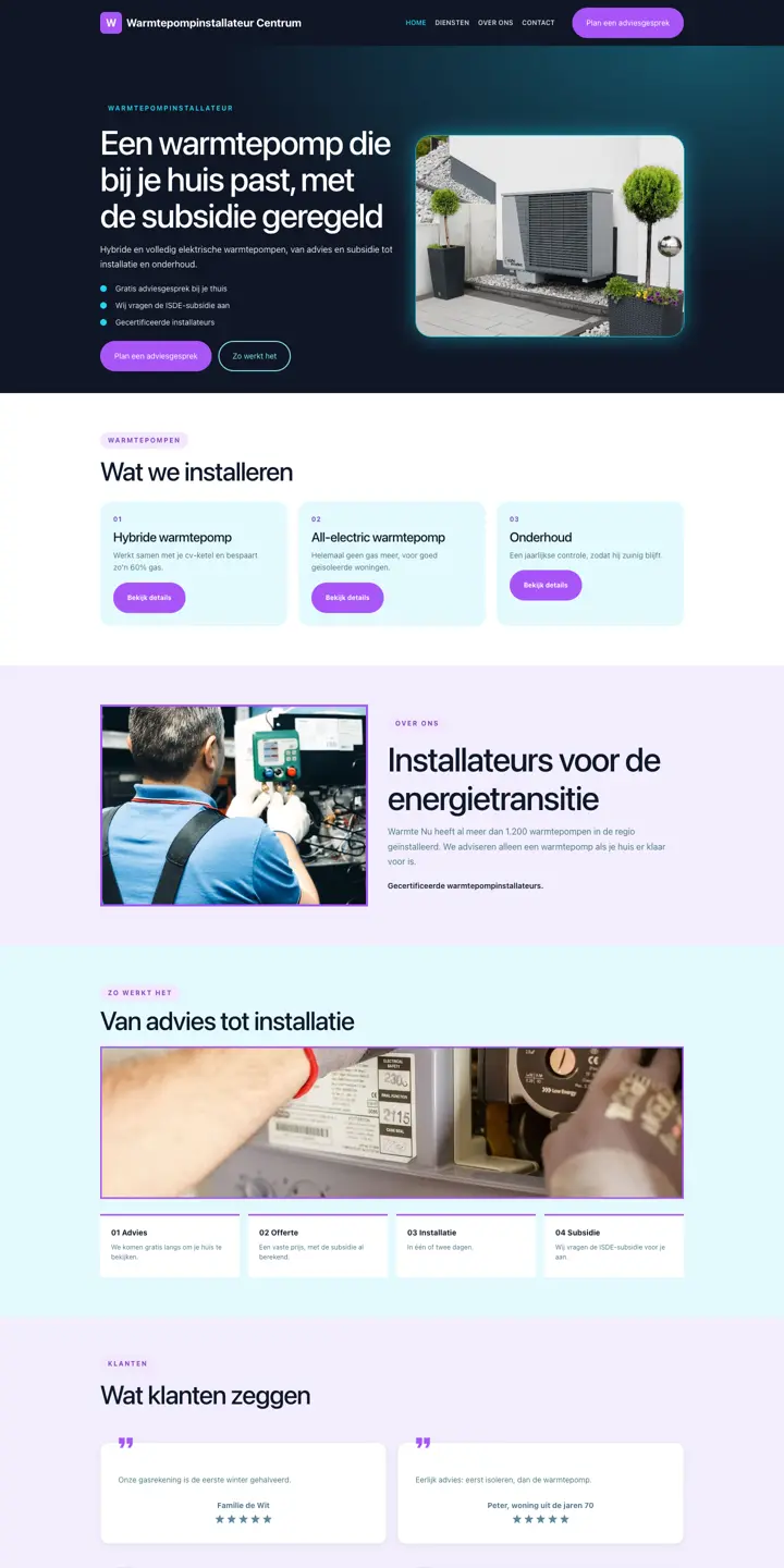 Exemplo de um website para instalador de bombas de calor