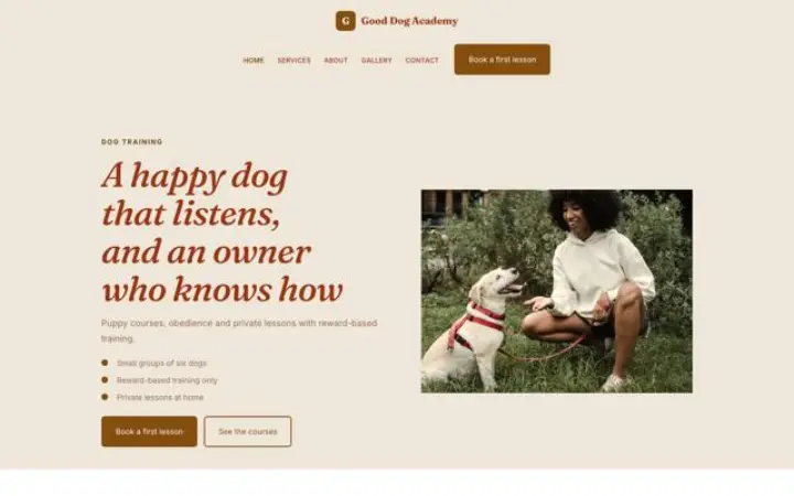 Exemplo do tema Good Dog Academy para treino canino
